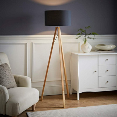 B&Q -  Barbro Natural Tripod Floor Lamp With Charcoal Drum Shade