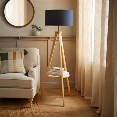 B&Q -  Morrigan Natural Wood Shelf Tripod Floor Lamp With Navy Drum Shade