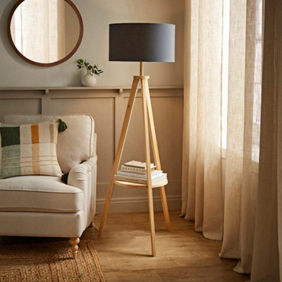 Valuelights Light/White/Grey Values Morrigan Natural Wood Shelf Tripod Floor Lamp With Charcoal Drum Shade 1.8M