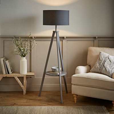 B&Q -  Morrigan Grey Wood Shelf Tripod Floor Lamp With Charcoal Drum Shade