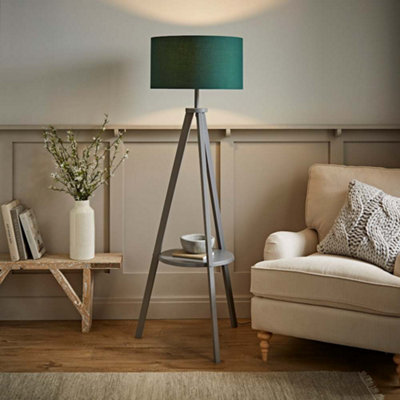 B&Q -  Morrigan Grey Wood Shelf Tripod Floor Lamp With Green Drum Shade
