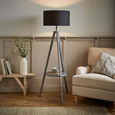 Valuelights Grey/Black Morrigan Wood Shelf Tripod Floor Lamp With Drum Shade 1.8M