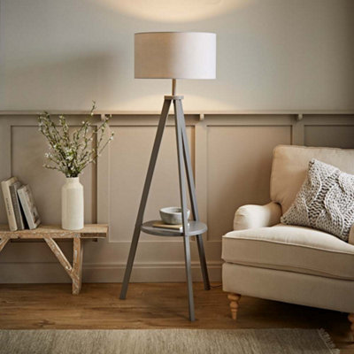 Valuelights Morrigan Wood Shelf Tripod Floor Lamp With Drum Shade Grey