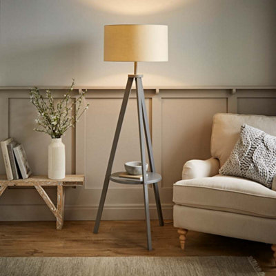B&Q -  Morrigan Grey Wood Shelf Tripod Floor Lamp With Cream Shade
