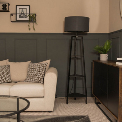 Valuelights Hiru 3 Tier Shelf Floor Lamp With Charcoal Drum Shade Black
