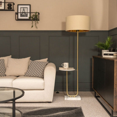 B&Q -  Tavel Brushed Gold Floor Lamp With Table And Beige/gold Shade