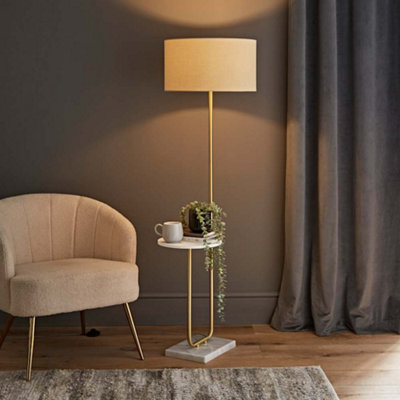 B&Q -  Tavel Brushed Gold Floor Lamp With Table And Cream Shade