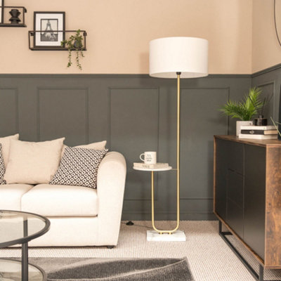 Valuelights Tavel Brushed Gold Floor Lamp With Table And White Shade from B&Q