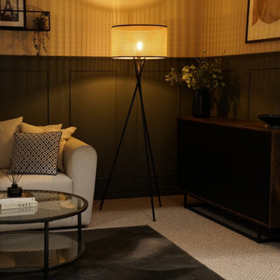Valuelights Camden Tripod Floor Lamp With Natural Cane Shade Black