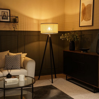 B&Q -  Barbro Black Tripod Floor Lamp With Cane Shade