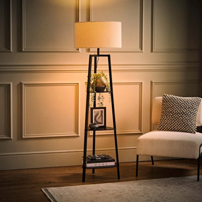 Valuelights Hiru Black 3 Tier Shelf Floor Lamp With Cream Boucle Shade And Bulb from B&Q
