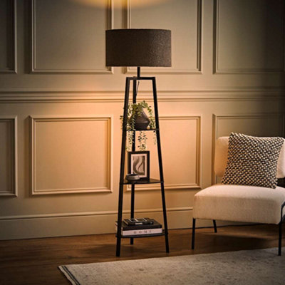 Valuelights Hiru 3 Tier Shelf Floor Lamp With Charcoal Boucle Shade And Bulb Black