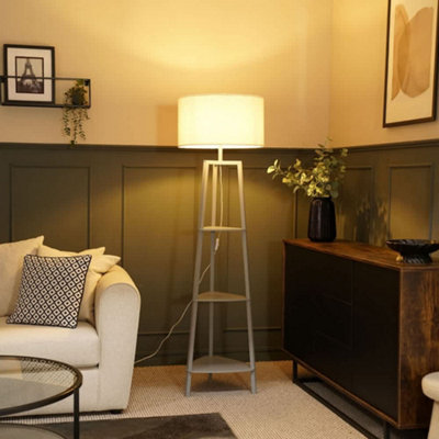 Valuelights Hiru 3 Tier Shelf Floor Lamp With Boucle Shade And Bulb Grey/Cream