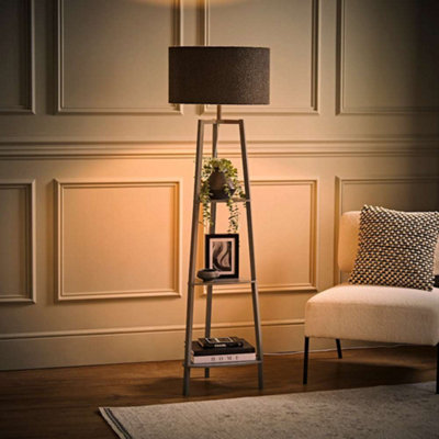Valuelights Hiru 3 Tier Shelf Floor Lamp With Charcoal Boucle Shade And Bulb Grey