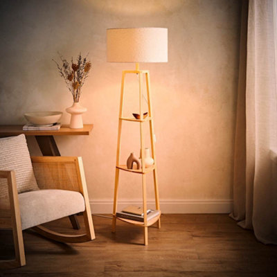 Valuelights Hiru Natural 3 Tier Shelf Floor Lamp With Boucle Shade And Bulb Cream