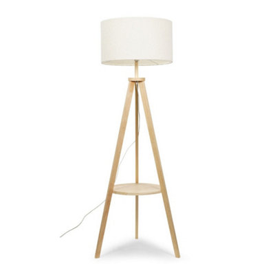 Valuelights Morrigan Natural Wood Shelf Tripod Floor Lamp With Boucle Shade And Bulb from B&Q