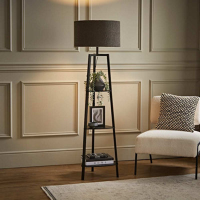 Valuelights Hiru 3 Tier Shelf Floor Lamp With Charcoal Boucle Shade Black