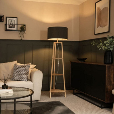 B&Q -  Hiru Natural 3 Tier Shelf Floor Lamp With Charcoal Boucle Shade