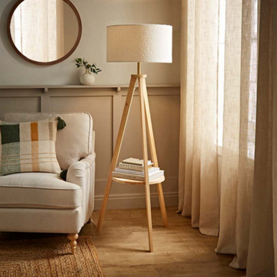 Valuelights Morrigan Natural Wood Shelf Tripod Floor Lamp With Boucle Shade from B&Q