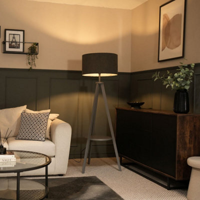 Valuelights Morrigan Grey Wood Shelf Tripod Floor Lamp With Boucle Shade from B&Q
