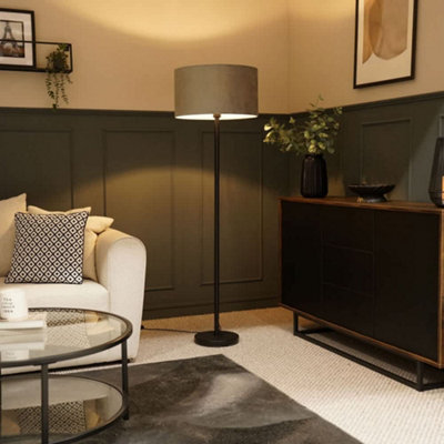 Valuelights Charles Black Floor Lamp With Grey Velvet Shade And Bulb from B&Q