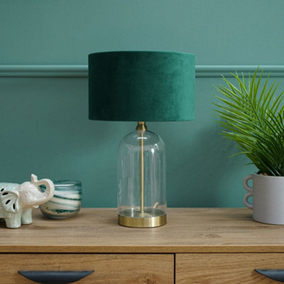 Valuelights Jessy Glass And Gold Metal Bedside Table Lamp With A Forest Green Velvet LampshadeBulb Included from B&Q