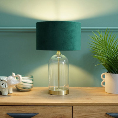 B&Q -  Jessy Glass And Gold Metal Bedside Table Lamp With A Forest Green Velvet Lampshade