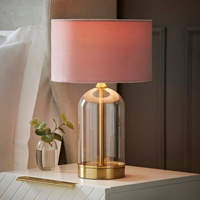 B&Q -  Jessy Glass And Gold Metal Bedside Table Lamp With A Blush Pink Velvet Lampshade
