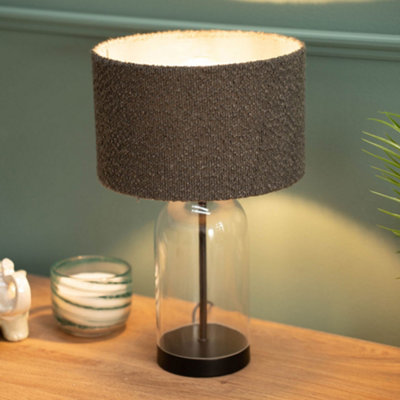 Valuelights Black/Grey Jessy Glass And Metal Bedside Table Lamp With A Charcoal Boucle Lampshade