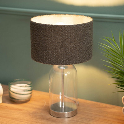Valuelights Silver/Grey Jessy Glass And Chrome Metal Bedside Table Lamp With A Charcoal Boucle Lampshade