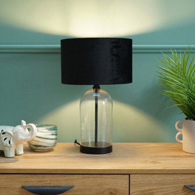 Valuelights Black Jessy Glass And Metal Bedside Table Lamp With A Velvet Lampshade