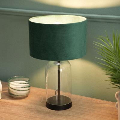 B&Q -  Jessy Glass And Black Metal Bedside Table Lamp With A Forest Green Velvet Lampshade