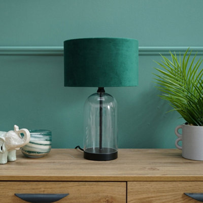 Valuelights Jessy Glass And Black Metal Bedside Table Lamp With A Forest Green Velvet LampshadeBulb Included from B&Q