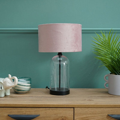 Valuelights Jessy Glass And Black Metal Bedside Table Lamp With A Blush Pink Velvet Lampshade from B&Q