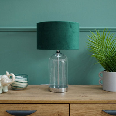 B&Q -  Jessy Glass And Silver Chrome Metal Bedside Table Lamp With A Forest Green Velvet LampshadeBulb Included