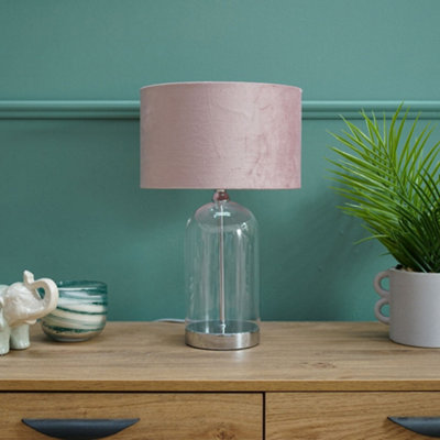 Valuelights Jessy Glass And Chrome Metal Bedside Table Lamp With A Blush Velvet Lampshade - Bulb Included Silver/Pink