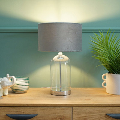 B&Q -  Jessy Glass And Silver Chrome Metal Bedside Table Lamp With A Grey Velvet Lampshade