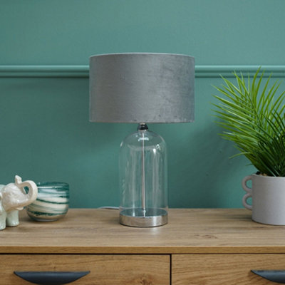 Valuelights Jessy Glass And Silver Chrome Metal Bedside Table Lamp With A Grey Velvet LampshadeBulb Included from B&Q