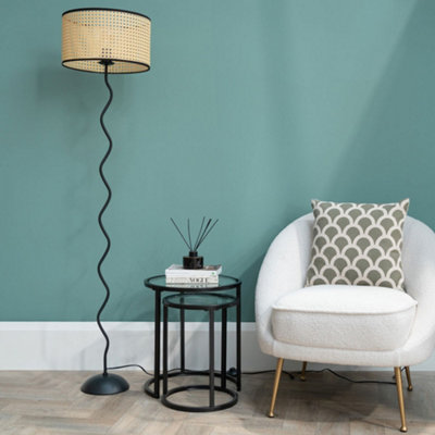 Valuelights Black Metal Wavy Stem Floor Lamp With A Natural Cane Wicker Black Trim ShadeBulb Included from B&Q