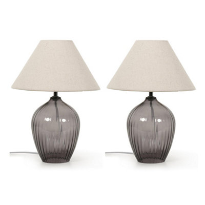 B&Q -  Olivet Pair Of Grey Glass Table Lamps With Fabric Tapered Lampshade Bedside Light