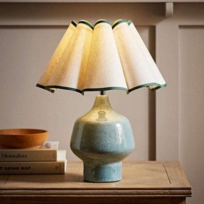 Valuelights Jamie Green Speckle Glazed Ceramic Table Lamp With A Natural Scalloped Edge Fabric ShadeBulb Included from B&Q