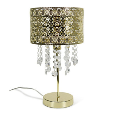 Valuelights Gold Enna Moroccan Style Bedside Table Lamp With Acrylic Jewel Droplet Drum Lampshade - Bulb Included