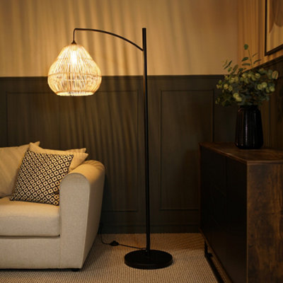 B&Q -  Preto Black Metal Curve Stem Floor Lamp With A Natural Wicker Rattan Teardrop Shade