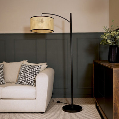 Valuelights Preto Black Metal Curve Stem Floor Lamp With A Natural Cane Wicker Shade With Black TrimBulb Included from B&Q