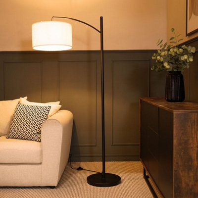 B&Q -  Preto Black Metal Curve Stem Living Room Floor Lamp With A Cream Boucle Shade