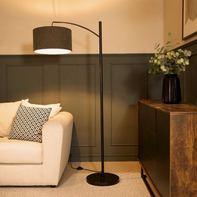 B&Q -  Preto Black Metal Curve Stem Living Room Floor Lamp With A Charcoal Grey Boucle Shade