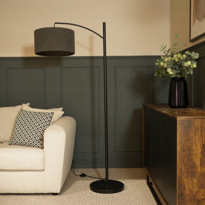 Valuelights Black/Grey Preto Metal Curve Stem Living Room Floor Lamp With A Charcoal Boucle Shade - Bulb Included