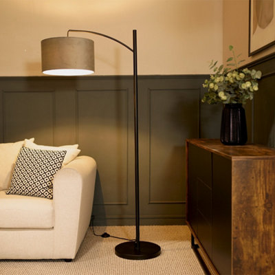 Valuelights Preto Black Metal Curve Stem Living Room Floor Lamp With A Grey Velvet Shade from B&Q