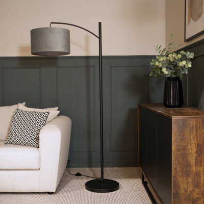 Valuelights Preto Black Metal Curve Stem Living Room Floor Lamp With A Grey Velvet ShadeBulb Included from B&Q