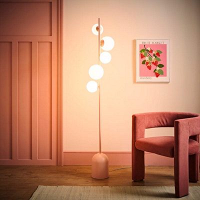 B&Q -  Marlow Blush Pink 5 Way Standing Floor Lamp With Globe Lampshades And Bulbs